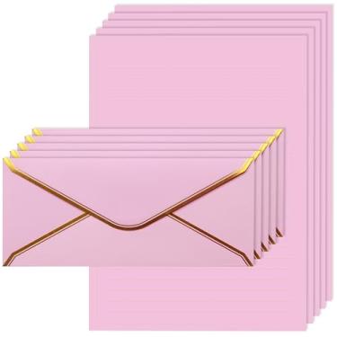 Imagem de J6&H6 Conjunto de papelaria com borda dourada; inclui 12 envelopes de tamanho padrão com borda dourada, perfeitos para cartas comerciais, escritórios da empresa
