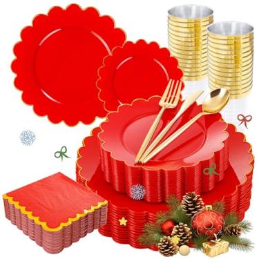 Imagem de LIYH 210 peças de pratos recortados de plástico vermelho com borda dourada, conjunto de louça de Natal descartável de plástico, pratos de Natal incluem pratos de jantar e sobremesa, copos de prata
