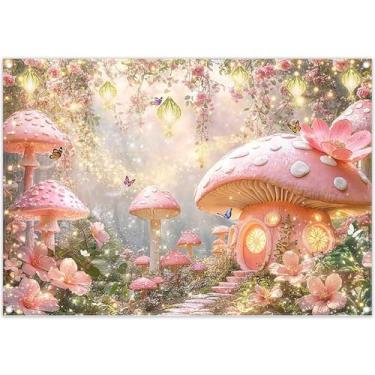 Imagem de YCUCUEI 2,1 x 1,5 m de fundo de casa de cogumelo rosa floresta com glitter, conto de fadas, país das maravilhas flor borboleta, fundo fotográfico, decoração de festa de aniversário, faixa de cabine de
