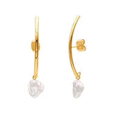 Imagem de Brincos pendentes e pendentes banhados a ouro amarelo 18 k e prata - Lua crescente e pérola, Latão, Sem pedra preciosa