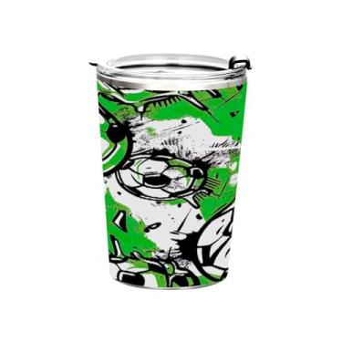 Imagem de STAYTOP Copo colorido de aço inoxidável de futebol 368 g, copo de café isolado com tampa e canudo, caneca de café de viagem de parede dupla para bebidas quentes e frias