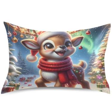 Imagem de Capas de travesseiro de cetim fofas de Natal com rena, capa de travesseiro padrão queen king premium para cabelo e pele, tamanho Queen, 76 cm x 50 cm