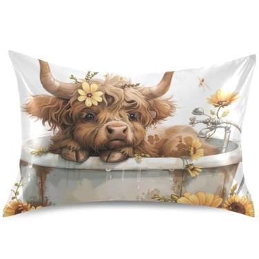 Imagem de Linda capa de almofada de cetim com flor de vaca Highland padrão Queen King Size almofada de resfriamento animal fofo travesseiro de travesseiro estético, tamanho king, 101,6 cm x 50,8 cm