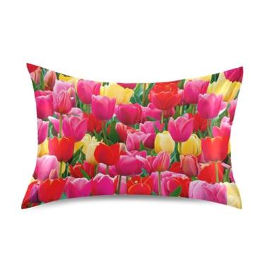 Imagem de Fronhas para cabelo tulipas coloridas vermelho rosa amarelo cetim refrescante king queen travesseiro padrão fronhas personalizadas conforto presentes cama queen size 76.2 cm x 50.8 cm