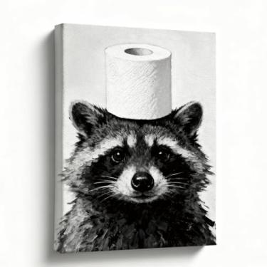 Imagem de Arte de parede de banheiro engraçada, 20 x 25 cm, estampa em tela de guaxinim com papel higiênico, decoração rústica de animais de fazenda para banheiro, lavabo, arte de parede preto e branco, pronto