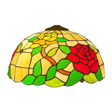 Imagem de Cúpula de reposição Tiffany de 40 cm (16 polegadas) em vitral rosa, estilo vintage com flores vermelhas e folhas verdes, ideal para abajures de mesa, de chão, pendentes e de teto. R2