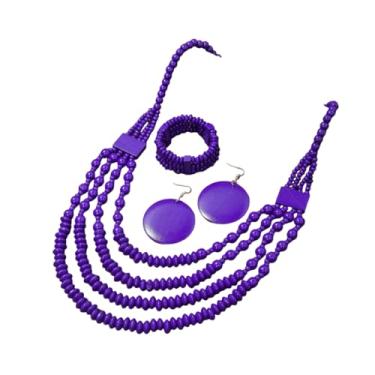 Imagem de DATOA Conjunto de colar gargantilha vintage colorida com contas de madeira boêmia, geométrico, brincos pendentes estilo étnico, bijuterias para mulheres, Madeira, Sem Pedra Preciosa