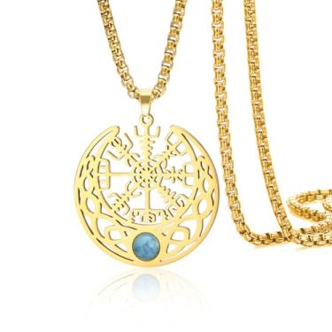 Imagem de VASSAGO Colar viking nórdico bússola de aço inoxidável, pingente vegano, lua crescente, com nó celta turquesa, talismã, amuleto, joia, Adjustable, Aço inoxidável, Sem Pedra Preciosa