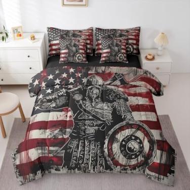 Imagem de Erosebridal Jogo de edredom Queen nórdico viking vintage com bandeira americana em uma bolsa com lençol de cima e lençol com elástico, viking nórdico antigo, 7 peças, étnico, tribal, misterioso