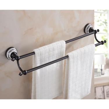 Imagem de Conjunto de ferragens de banheiro de latão preto prateleira de toalha de porcelana suporte de papel higiênico gancho de barra de toalha acessórios de banheiro, anel de toalha 4 (barra de toalha dupla