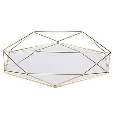 Imagem de Ainoli banheiro sexangle espelho metal ouro cosméticos jóias armazenamento organizador bandeja caixa placa (Ouro)
