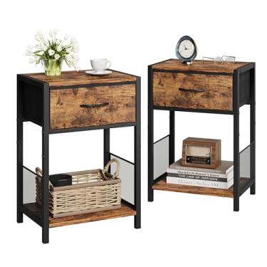 Imagem de YAUKOMEL Conjunto de 2 mesas-de-cabeceira, mesa de canto com gaveta de tecido, conjunto de 2 mesas laterais, prateleira de armazenamento, mesa de cabeceira com prateleira aberta, mesa de sofá para