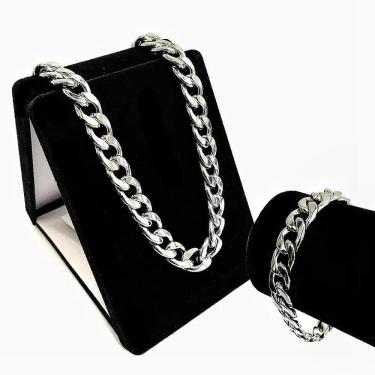 Imagem de Cordão Masculina Grossa Conjunto + Pulseira Prata Aço Inox