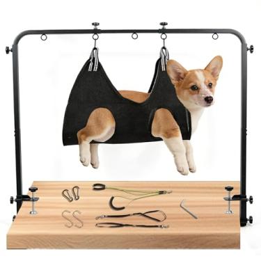 Imagem de SpaceTime Braço de mesa de cuidados para cães com braçadeiras, ajustável de 51 a 106 cm de altura e 68 a 99 cm de largura, braço de tosa para cães com rede e 2 suportes sem sentar, estação de retenção