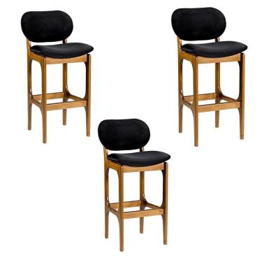 Imagem de Kit 3 Banquetas Alta Soshoku Suede Preto/Imbuia