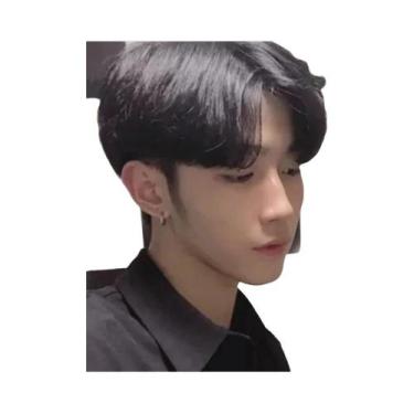Imagem de Peruca Curta Sintética Preta Masculina Com Franja E Divisão Central Pa