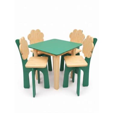 Imagem de Mesa Infantil 4 Banquinho Flor Madeira Pinus Decoração Colorido Brinca