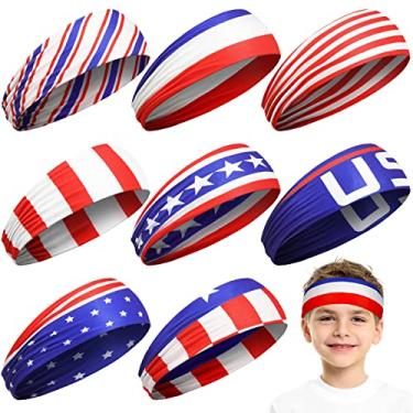 Imagem de 8 peças bandanas de 4 de julho faixa de cabeça com bandeira americana faixas de suor para crianças dia da independência esporte atlético respirável faixa de cabelo absorvente elástica para corrida para crianças adolescentes crianças