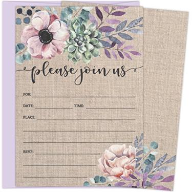 Imagem de Rustic Burlap Invitations with Florals. 25 Lavender Envelopes and Fill in the Blank Invites for Bridal Showers, Baby Showers, Birthdays, Graduations, Christening, Baptism, Dinner Parties, Rehearsal Di