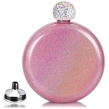 Imagem de Junya Frasco de Licor Fofo para Mulheres, Aço Inoxidável 304, Revestimento Glitter Rosa, Tampa de Strass, 140 ml, Portátil para Churrascos e Bares