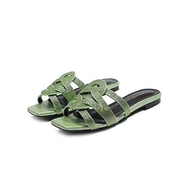 Imagem de Sandálias de verão com strass e sapatos de couro para mulheres planas com sandálias confortáveis ​​para praia e férias (Color : Green, Size : 39EU)