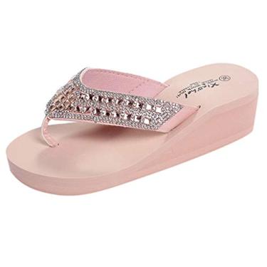 Imagem de Chinelos de praia moda verão sapatos femininos casuais flip wedges strass chinelos femininos confortáveis (rosa, 5,5)