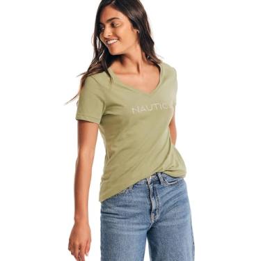 Imagem de Nautica Camiseta feminina Easy Comfort Supersoft 100% algodão com logotipo clássico, Olive Vine., P