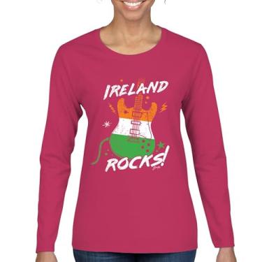 Imagem de Camiseta feminina manga longa com bandeira da guitarra do Dia de São Patrício Shamrock Groove Vibe Pub Celtic Rock and Roll cravo, Rosa choque, P