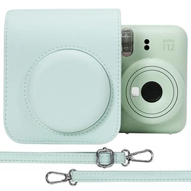 Imagem de Aenllosi Capa protetora de couro PU para Fujifilm Instax Mini 12/11 capa de viagem com câmera de filme instantâneo, com bolso e alça de ombro ajustável (verde menta, somente a capa)