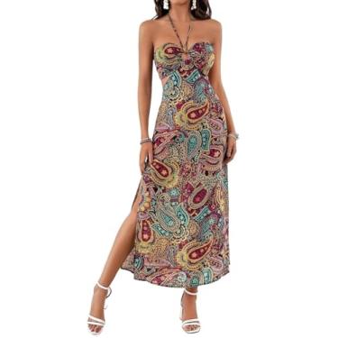 Imagem de Camisa Feminina Paisley Print Split Thigh Halter Dress (Color : Multicolor, Size : M)
