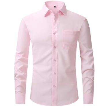 Imagem de ROSYXIXI Camisa social masculina, manga comprida, sem rugas, lisa, elástica, casual, abotoada, rosa, M