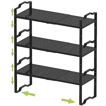 Imagem de Jojocross Prateleira expansível para organizador de armários, prateleira empilhável ajustável para temperos na cozinha e no banheiro, organização de armário de bancada (3 pacotes/preto, médio)