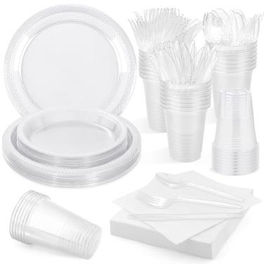 Imagem de Aodaer Conjunto de 200 peças de utensílios de jantar descartáveis transparentes inclui pratos de plástico, copos, facas, garfos, colheres, guardanapos de papel para festas de aniversário, casamento,