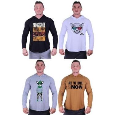 Imagem de Kit 4 Camisetas Manga Longa com Touca Longline Estampada Treino Academia Lazer Casual-Masculino