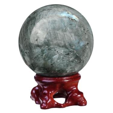 Imagem de Rockcloud Bola de cristal de labradorita natural com suporte de resina, escultura de bola decorativa de esfera de cristal polido para meditação Fengshui decoração de casa, 5 a 6 cm