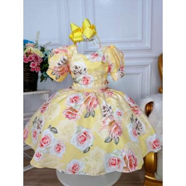 Imagem de Vestido infantil amarelo florido rosas c/ cinto pérolas luxo - banana 