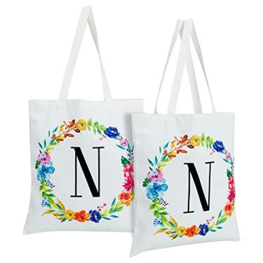 Imagem de Conjunto de 2 sacolas de monograma reutilizáveis personalizadas para mulheres, design floral (73 cm), Multicor, Large, Letra N