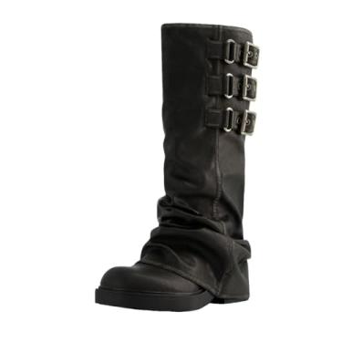 Imagem de MAVMAX Botas femininas dobráveis na altura do joelho, casual, bico redondo, cobertas de couro despojado, botas plataforma de salto baixo, Fivela preta, 37