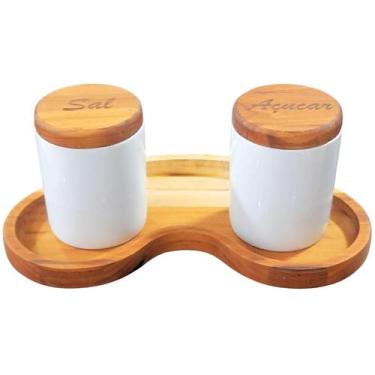 Imagem de Kit p/ temperos - condimentos 3 Pçs Sal e Açucar- Porcelana c/ Madeira