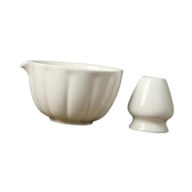 Imagem de IEUDNS Porcelana de porcelana de tigela de cerâmica Matcha com derramamento de picos de chá verde copo Japonês Matcha Bowl para a família, Branco com Suporte