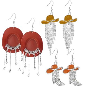 Imagem de 3 pares de brincos de faroeste feminino brilhante rústico Couture strass borlas chapéu botas brincos cowgirl caubói shows country roupas de cowboy roupas joias, Small, Liga de aço, Sem pedra preciosa