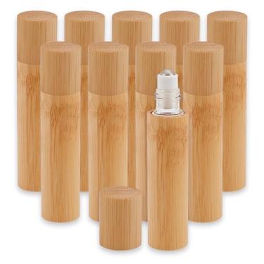 Imagem de NICENEEDED 10 frascos de bambu de 10 ml para óleos essenciais, amostra de perfume com rolo de aço inoxidável, recipiente reutilizável de perfumes de viagem para brilho labial, Marrom, 9 x 2cm