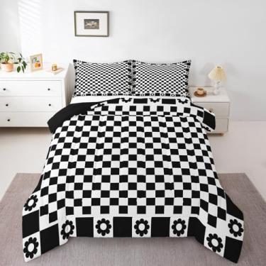 Imagem de Conjunto de edredom solteiro preto e branco, quadriculado, quadriculado, geométrico, 2 peças, estampa de flores pretas para todas as estações, conjunto de colcha de poliéster macio, 1 fronha