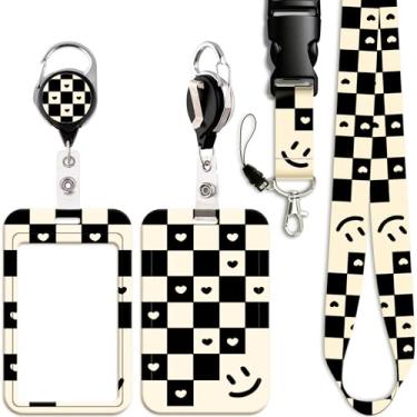 Imagem de Cordão de crachá de identificação xadrez com clipe de carretel retrátil para mulheres, homens, crianças, meninas, professores, para chaves de crachá de identificação, suporte de identificação escolar
