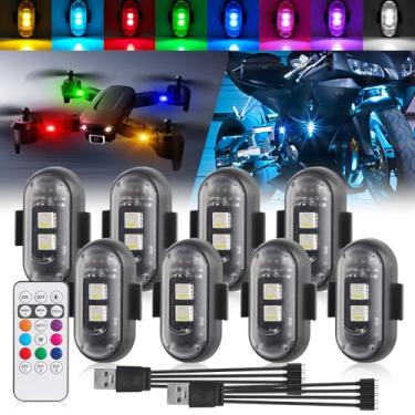 Imagem de 8 peças de luzes estroboscópicas de LED sem fio com controle remoto, carregamento USB 1 em 4, 8 cores, à prova d'água, para interior de carro, luz de LED, motocicletas, drones, caminhões, anticolisão
