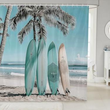 Imagem de Manfei Cortinas de banho de praia de verão, cortinas de banheiro para prancha de surfe, palmeira tropical, à prova d'água, com 12 ganchos, adequado para banheira, decoração de quarto de meninos, 182