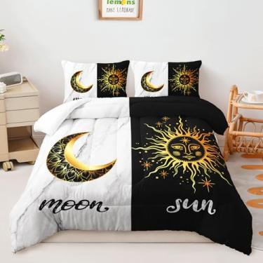 Imagem de AILONEN Jogo de cama Queen com estampa de mármore preto e branco, sol e lua, 3 peças, edredom boêmio celestial com 2 fronhas
