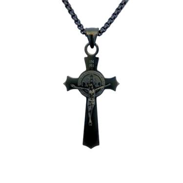Imagem de Tapp Collections Colar com pingente de cruz de crucifixo de São Bento de aço inoxidável INRI, Pendant: 55 x 28 mm; Necklace: 22" + 2" extension, Aço inoxidável, Sem Pedra Preciosa