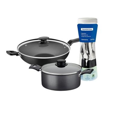Imagem de Caçarola Turim Alumínio grafite Antiaderente 2,8L + Faqueiro Ipanema 24pc + Wok Loreto...