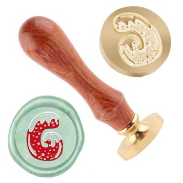 Imagem de Carimbo de lacre de cera de Natal Carimbo de vedação Letra G de latão e cabo de madeira Carimbos Cabeça para cartões de Natal Convites de festa Envelope Cartões de felicitações Presentes